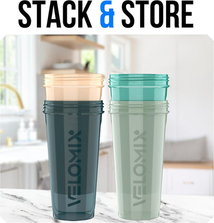 VELOMIX -4 PACK 28 Oz Protein Shaker Bottle for Protein Mixes - 4x Wire Whisk | Leak Proof Shaker Cups for Protein Shakes | Large, Stackable Protein Shaker Bottles Pack | Dishwasher Safe (Aqua Depths)