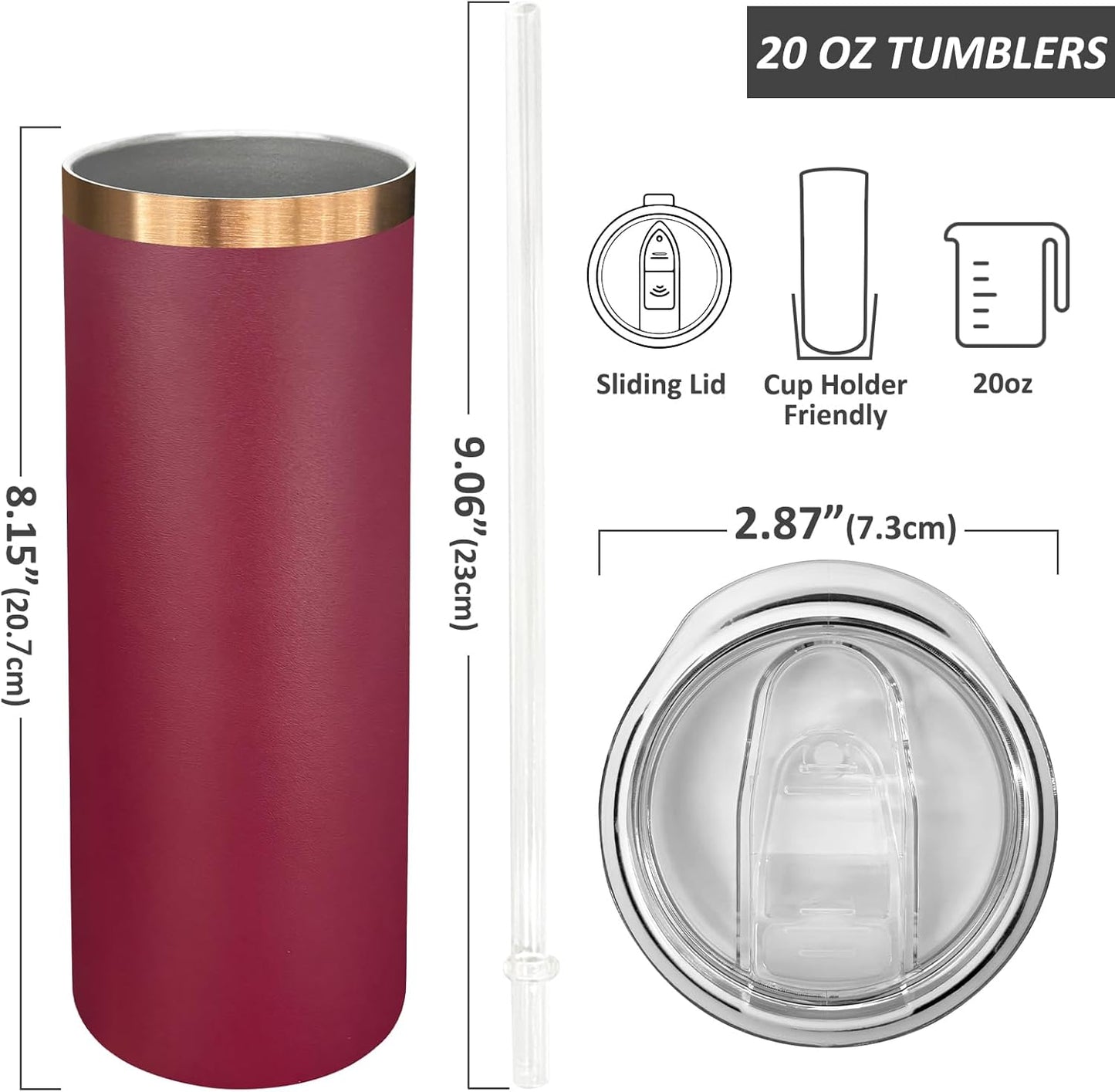 20 oz Skinny Tumblers Bulk, Stainless Steel Insulated Tumbler with Lids and Straws, Slim Double Wall Powder Coated Travel Coffee Mugs Reusable Cup for Hot Cold Drinks (Black,1 pack)