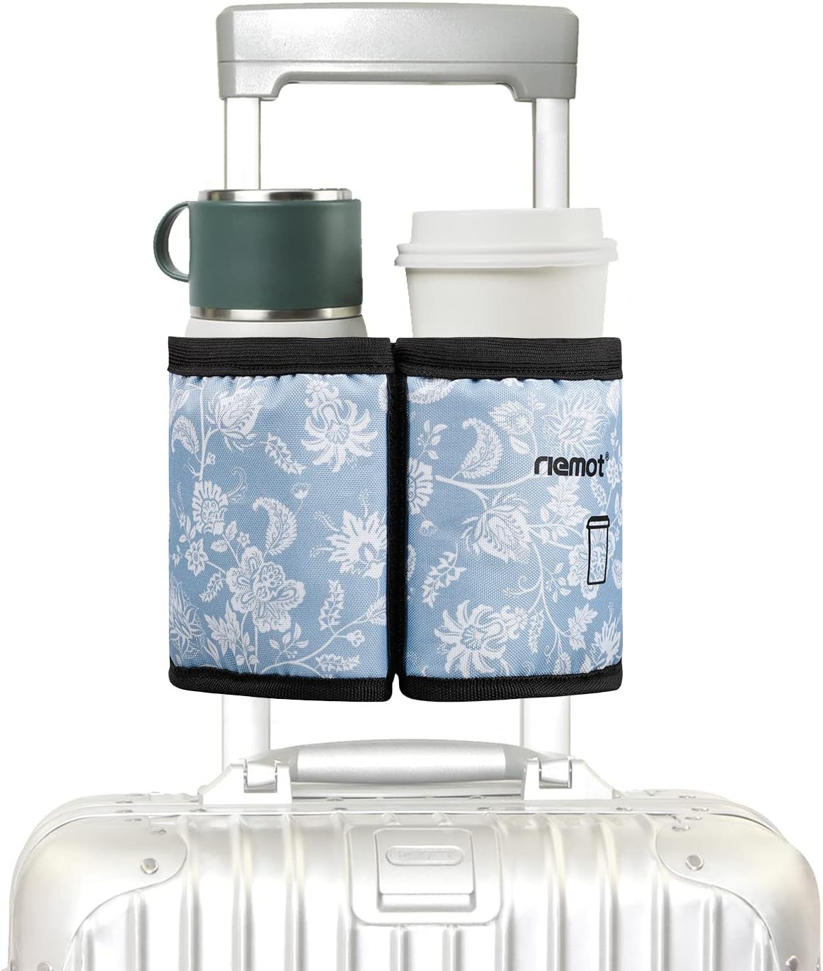 riemot Luggage Travel Cup Holder Free Hand Drink Carrier - Hold Two Coffee Mugs - Fits Roll on Suitcase Handles - Gifts for Flight Attendants Travelers Accessories Carbon Black