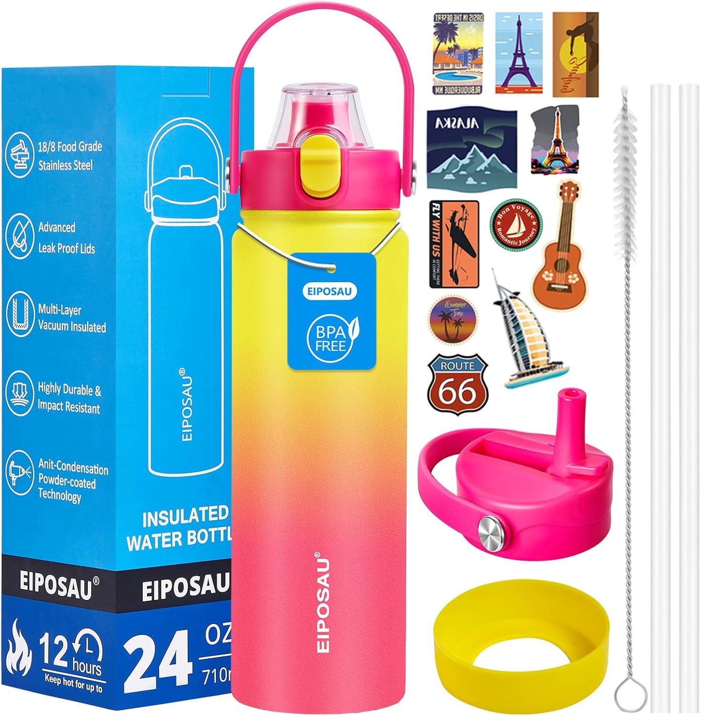 Insulated Water Bottle with Lid & Boot & Stickers, 24 oz Stainless Steel Sweat Free Bottle Keep Cold 24H, BPA-Free Sports Wide Mouth Water Bottle, BlueBlack