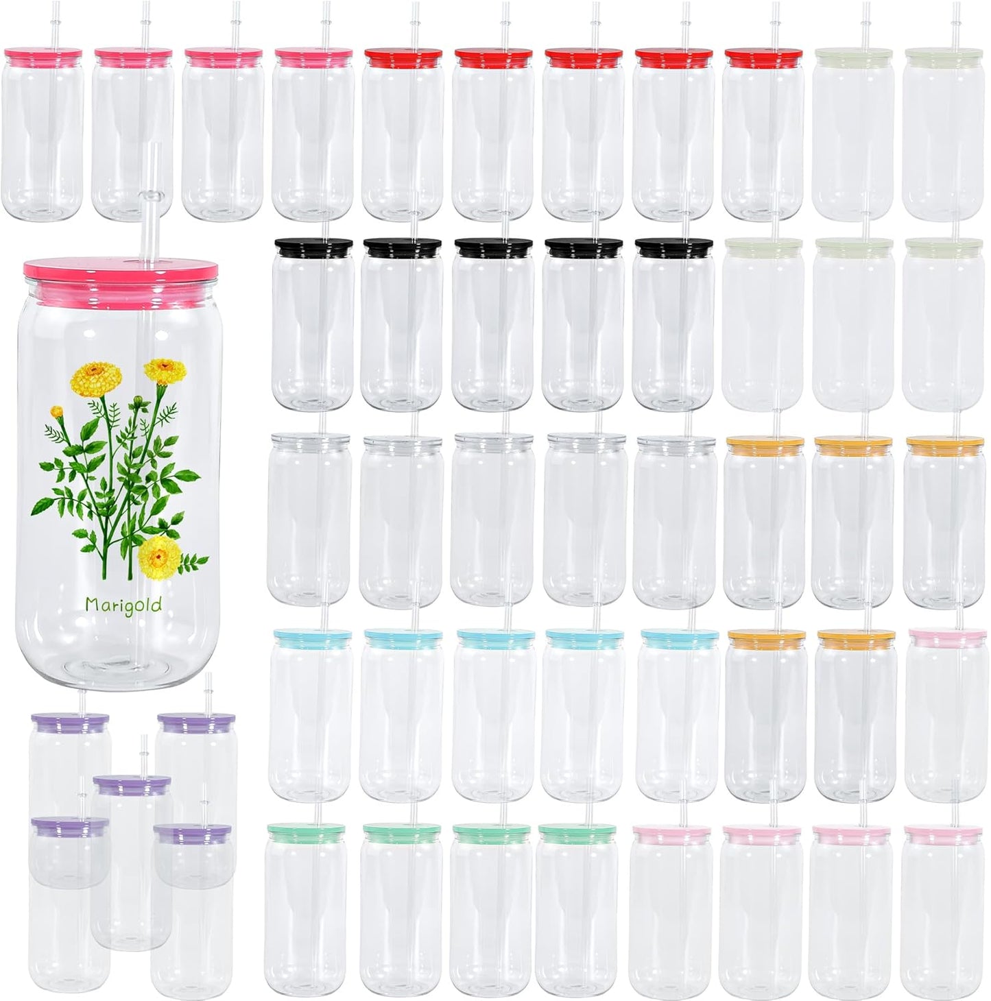16oz Plastic Mason Jars, 6Pack Clear Mason Drinking Acrylic Cups with Lids and Stainless Steel Straws Iced Coffee Cups Shatterproof Unbreakable Tumblers for Smoothies, Beer, Coffee, Milk Tea, Colored