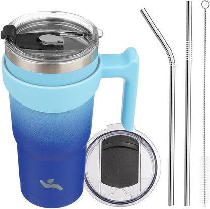Konokyo 20 oz Tumbler with Handle and 2 Straw 2 Lid, Insulated Water Bottle Stainless Steel Vacuum Cup Reusable Travel Mug,Black