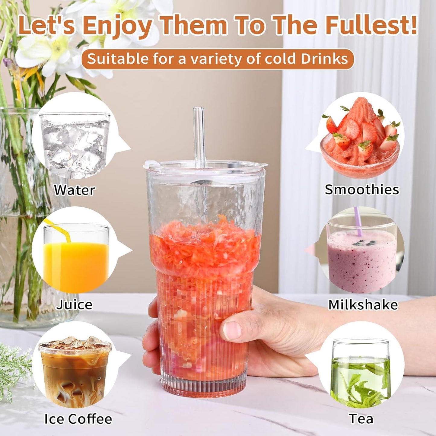 20oz Glass Tumblers with Lids and Straws,2PCS Glass Cups with Lids and Straws,Iced Coffee Cups with Lid,Drinking Glasses for Juice, Smoothies