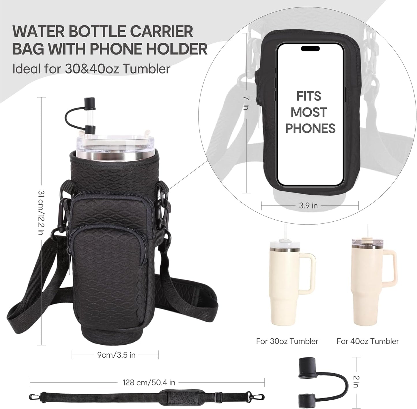 &And Per Se Water Bottle Shoulder Bag with Phone Pocket, Compatible with Stanley 30oz Tumblers - Neoprene Carrier with Adjustable Strap & Charm Accessory (Black)