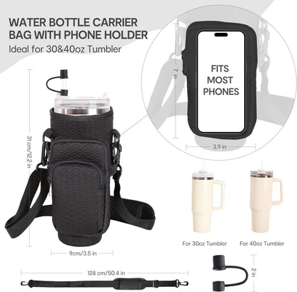 &And Per Se Water Bottle Shoulder Bag with Phone Pocket, Compatible with Stanley 30oz Tumblers - Neoprene Carrier with Adjustable Strap & Charm Accessory (Black)