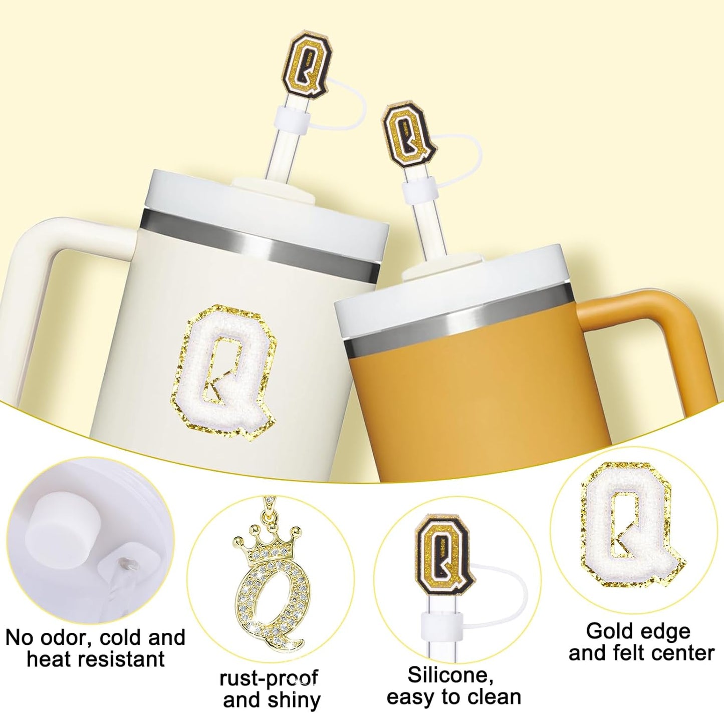 Mity Rain 6pc Cup Accessories Set for Stanley 30 oz & 40 oz Tumbler with Handle, Including Straw Cover Cap, Cup Initials Charm, Silicone Boot, Round & Square Spill Proof Stopper