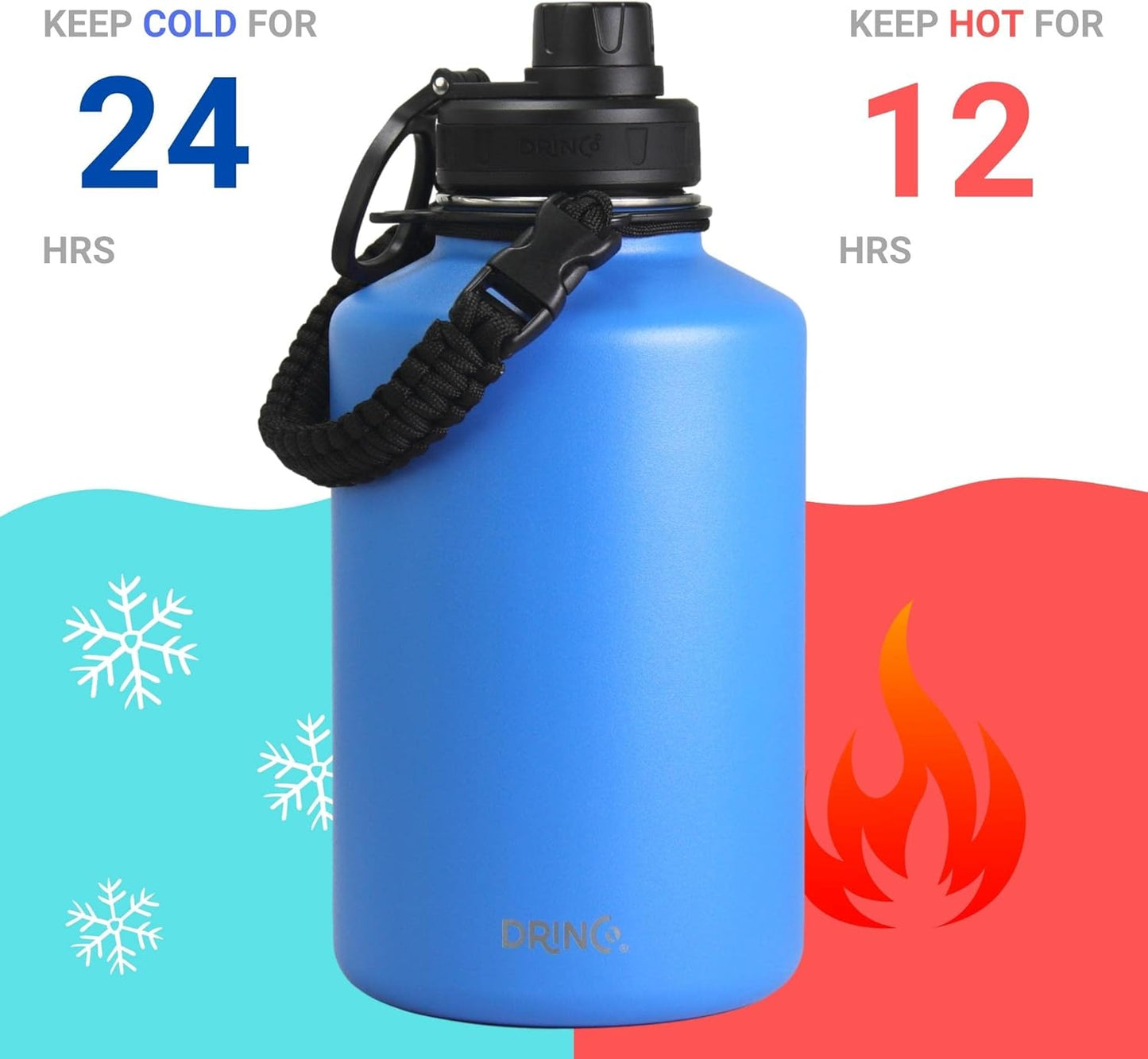Drinco Stainless Steel Water Bottle Spout Lid Vacuum Insulated Double Wall Water Bottle Wide Mouth (40oz 32oz 22oz 18oz 14oz) Leak Proof Keep Cold Sport Camping Hiking (22 oz, 22oz Black)