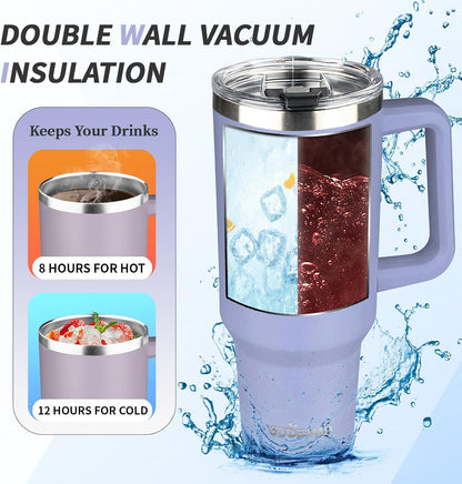 40 oz Tumbler with Handle, Insulated Tumbler with Lid and Straw, Reusable Stainless Steel Vacuum Insulated Cup, 100% Leak Proof Thermal Travel Coffee Mug Cup for Cold and Hot (Light Purple)