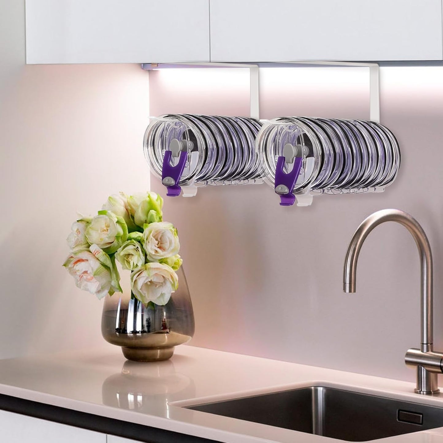 Tumbler Lid Organizer, Horizontal Tumbler Lid Storage Hook Up to 10 Lids, Space Saving Cup Lid Holders Under Cabinet Tumbler Lid Hook for Kitchen Organizer and Storage,Hanging Paper Towel Rack Hanger
