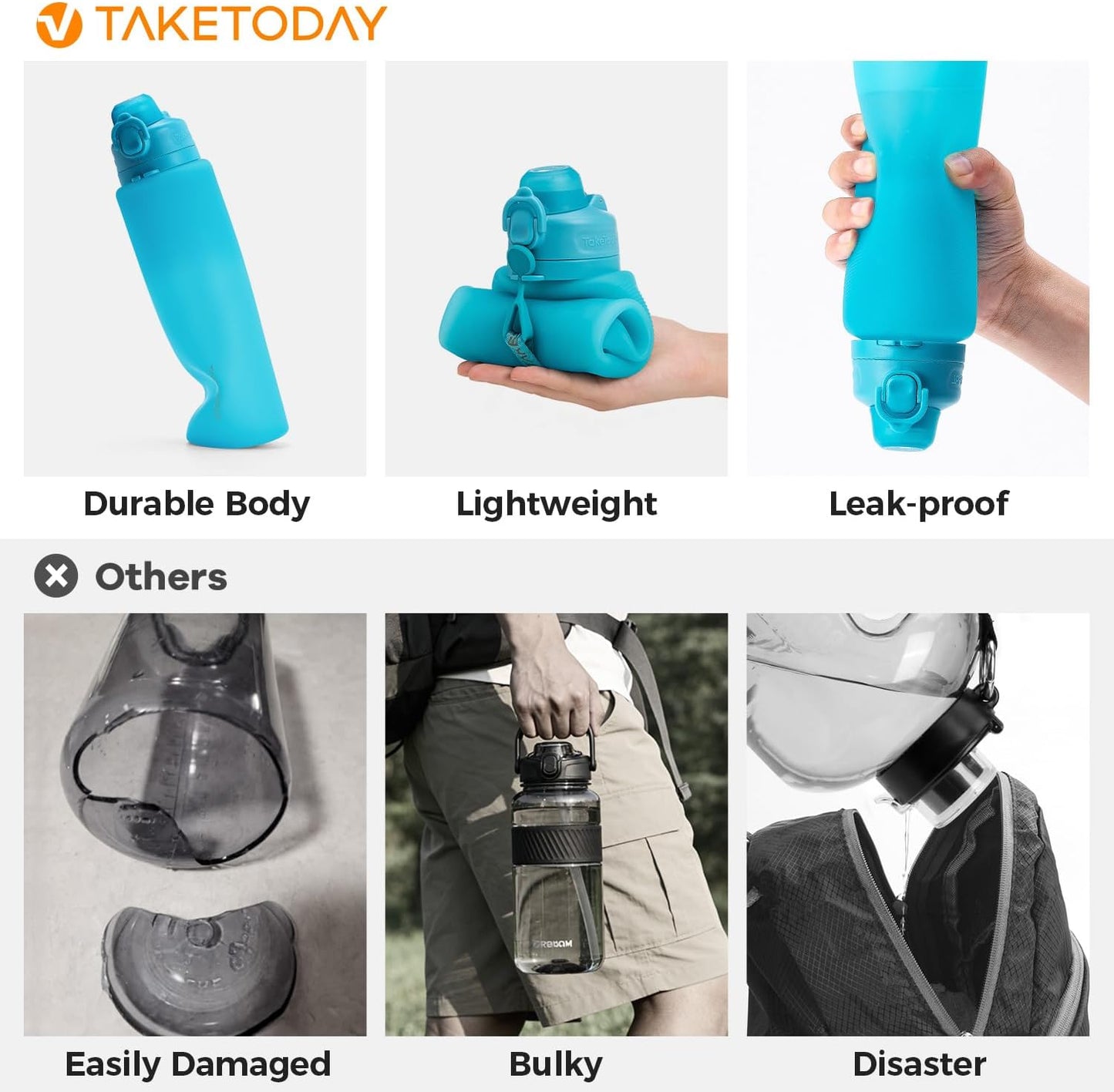 TakeToday Collapsible Water Bottles 32oz, Foldable Travel Bottle, TSA-Approved Leakproof Newly Silicone Water Bottle for Hiking, Travel, Outdoors, Black