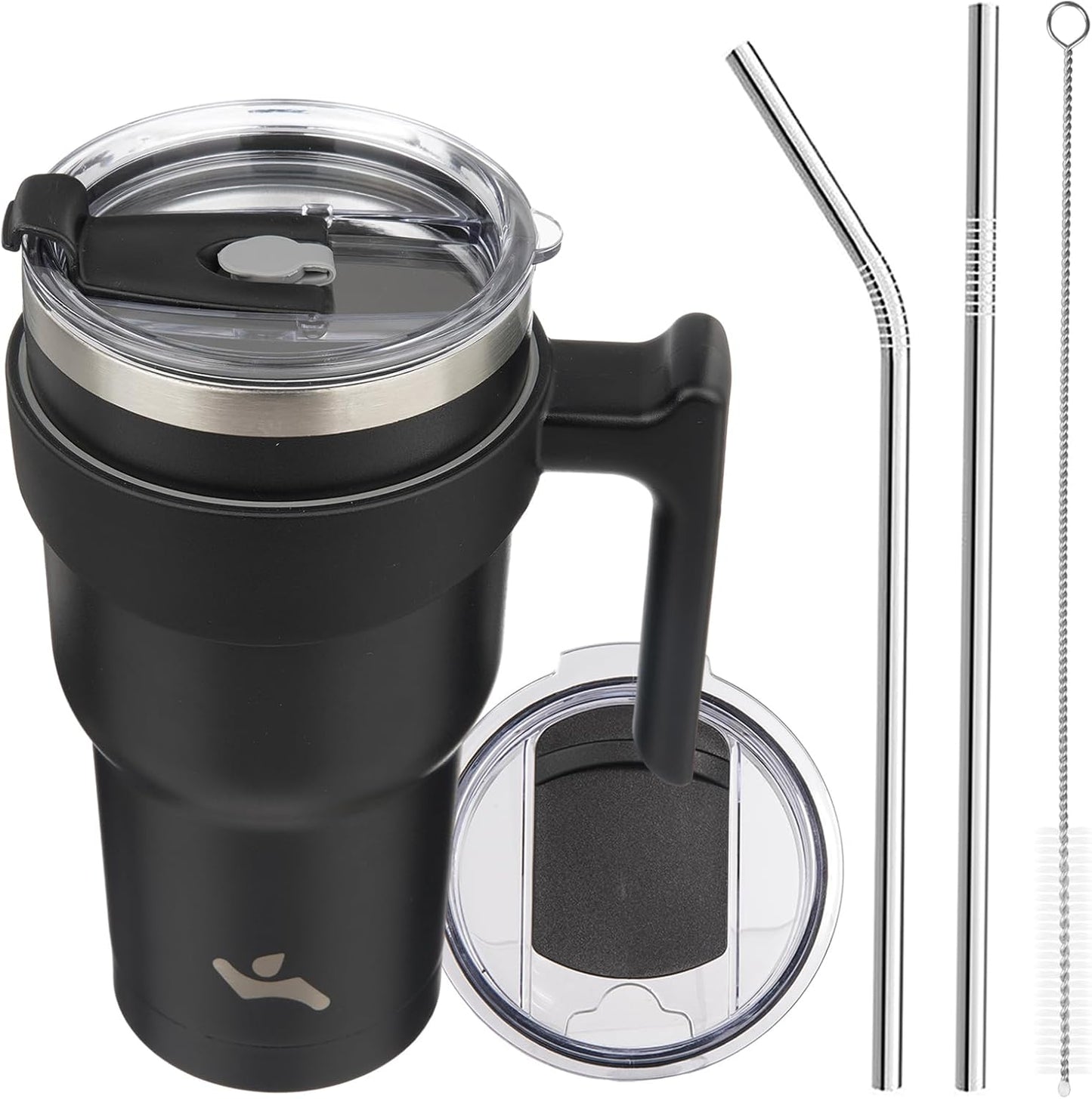 Konokyo 20 oz Tumbler with Handle and 2 Straw 2 Lid, Insulated Water Bottle Stainless Steel Vacuum Cup Reusable Travel Mug,Black