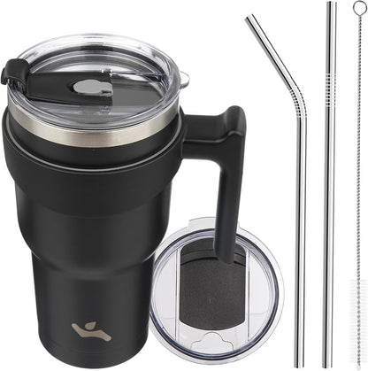 Konokyo 20 oz Tumbler with Handle and 2 Straw 2 Lid, Insulated Water Bottle Stainless Steel Vacuum Cup Reusable Travel Mug,Black