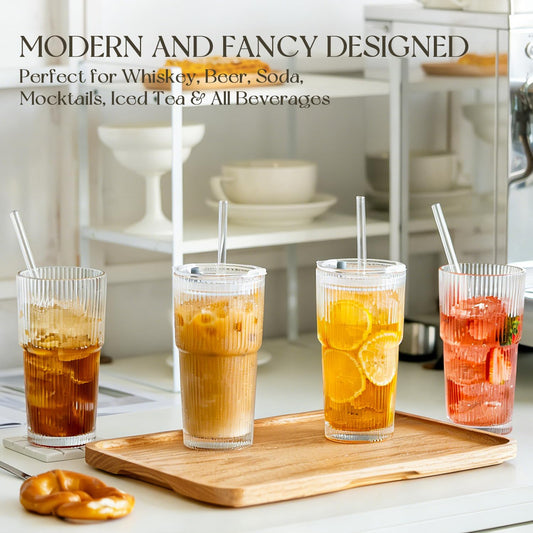 KEMORELA 20oz Ribbed Glass Tumblers with Reusable Stainless Steel Straws, Bamboo & Leak-Proof Dual Lids, Extra-Wide 13mm straw, 2Pc Vintage Drinking Glasses for Boba,Iced Coffee, Smoothies,Travel Cups