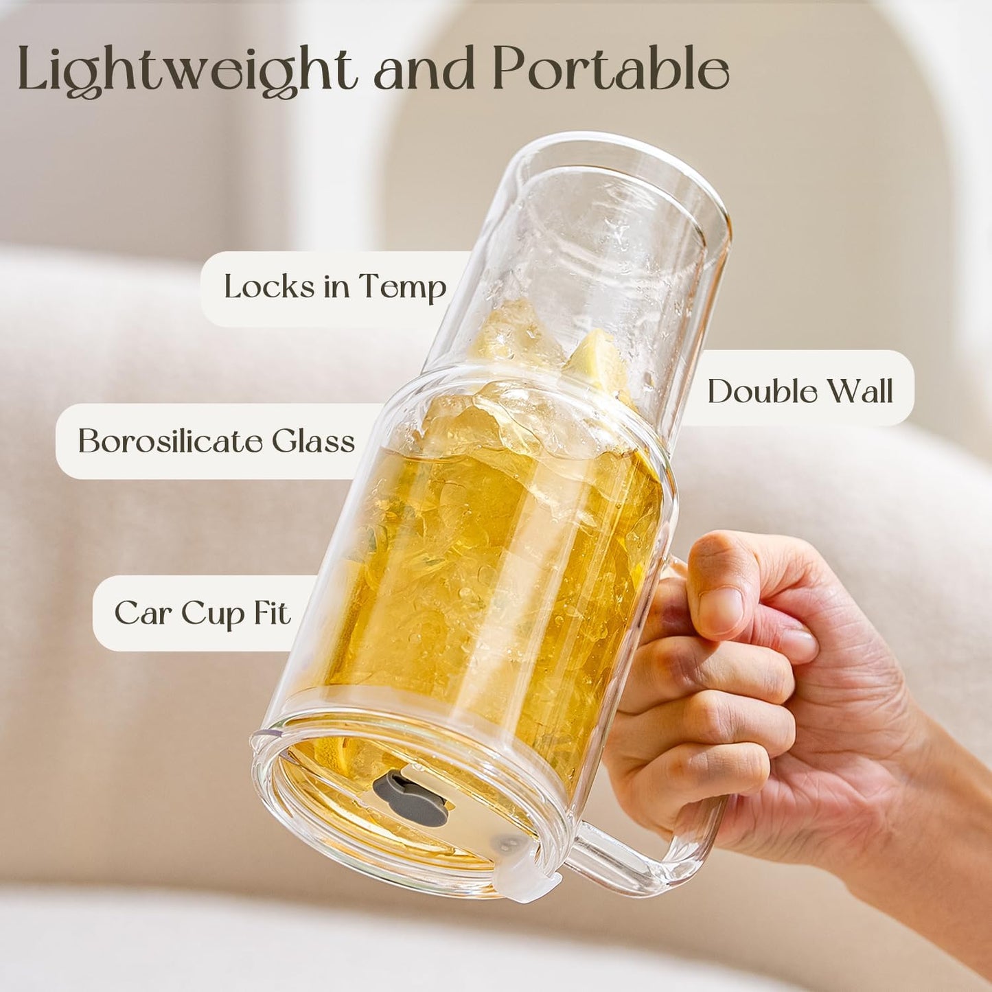 KEMORELA 2 Pack 28oz Double Wall Glass Tumblers with Handle, Lids & Straws – Large Insulated Clear Glass Coffee Cups for Iced Coffee, Matcha, Smoothies, Bubble Tea & Cold Drinks