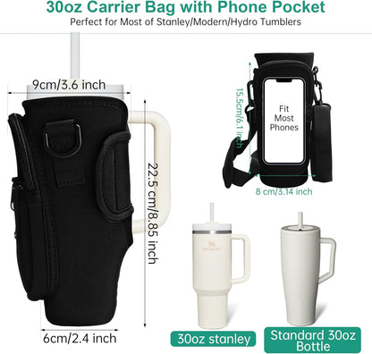 Water Bottle Carrier Bag with Strap for Stanley Cup 40oz/30oz with Phone Pocket, Neoprene Cross-Body Insulated Water Bottle Holder for Tumbler with Handle, Stanley Cup Accessories