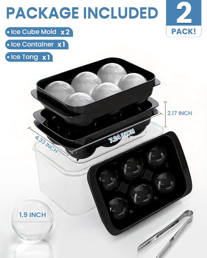 Large Ice Cube Tray for Freezer - 2 Pack Stackable Round Ice Cube Molds Set, Easy to Fill & Release with Storage Bin and Tongs for Kitchen, Party, Cocktail & Coffee, Gifts for Whiskey Lover (1.93In)