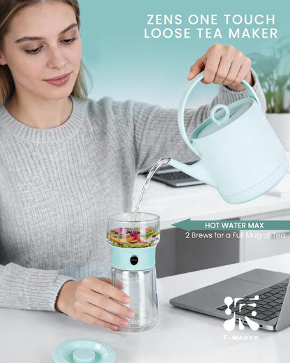 ZENS Modern Glass Infuser Teapot, One Touch Tea Maker for Loose Leaf Tea with Insulated Mug and Portable Case. Enchanted Pot Alternatives for Tea Lover Gifts