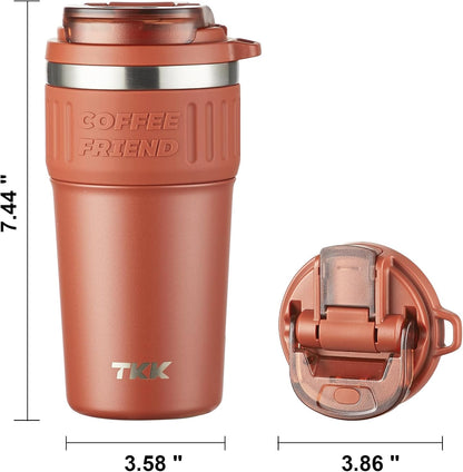 TKK Insulated Coffee Mug with Ceramic Coating, 21oz Iced Coffee Tumbler Cup with Straw Lid Double Wall Vacuum Leak Proof Travel Mug with Strap for Hot and Iced Beverage, Tungsten Steel