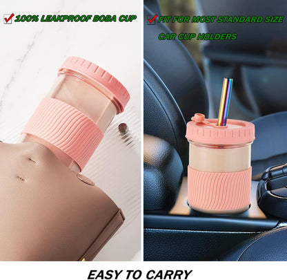Amyoole 2 Pack Reusable Boba Cup, 24Oz Wide Mouth Smoothie Cup,mason Jar Glass Cups with Lids and Straws,Bubble/Boba Tea Cups,Ice Coffee Tumbler 2 colored straws 1 sponge brush(Pink)