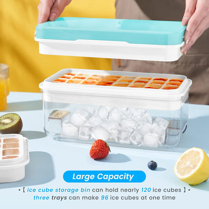 Ice Cube Tray with Lid and Bin, PHINOX 56 pcs Ice Trays for Freezer, Ice Cube Trays for Freezer with 2 trays, Container, Lid & Ice Scoop, BPA Free