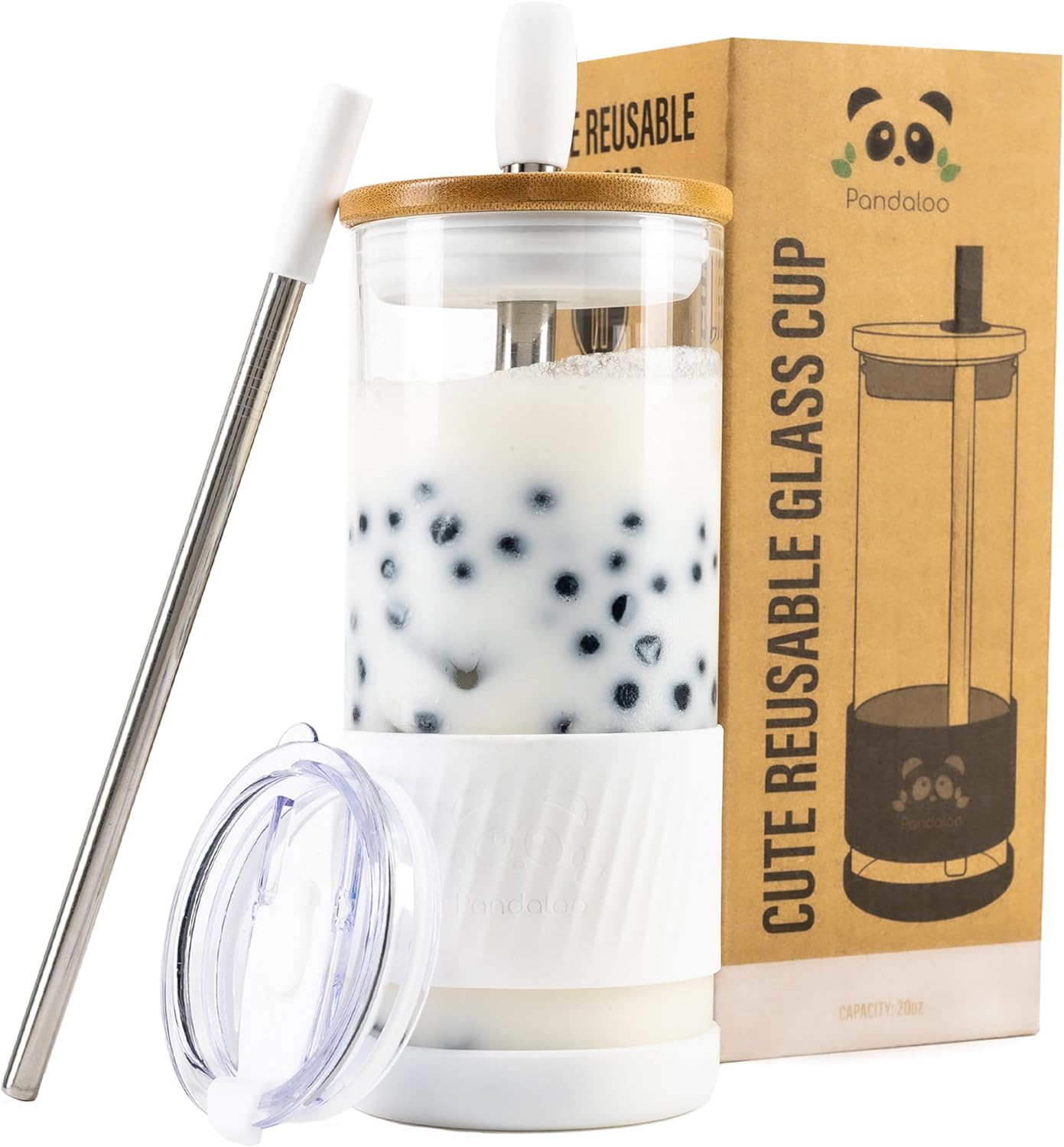Pandaloo® Glass Cups With Lids and Straws -20 Fl Oz- Perfect Size Iced Coffee Cup - Smoothie Cup With Bamboo Lid and On the go Lid - Glass Tumbler With Straw (1 Count (Pack of 1), Lilac Rhapsody)
