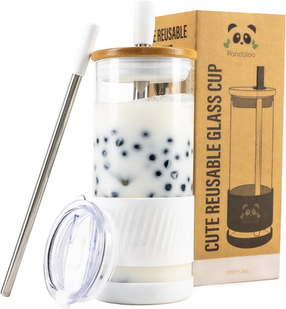 Pandaloo® Glass Cups With Lids and Straws -20 Fl Oz- Perfect Size Iced Coffee Cup - Smoothie Cup With Bamboo Lid and On the go Lid - Glass Tumbler With Straw (1 Count (Pack of 1), Lilac Rhapsody)