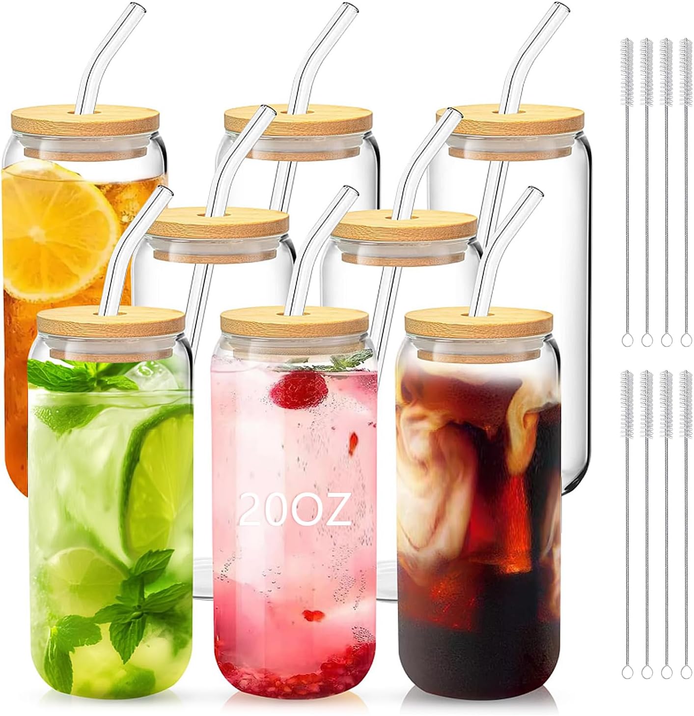 Glass Cups with Lids and Straws Set of 2 - Iced Coffee Cups with Lids for Cold Brew and Beer, 20 oz Can Shaped Glass with Bamboo Lids and Straws - Aesthetic Coffee Bar Gift for Coffee Lovers