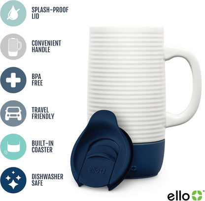Ello Jane 18oz Ceramic Travel Mug with Handle, Splash-Resistant Slider Lid and Built-in Coaster, Perfect for Coffee and Tea, BPA Free, Dishwasher Safe, Gift for Him Her Mother's Day Birthday, Sandbar