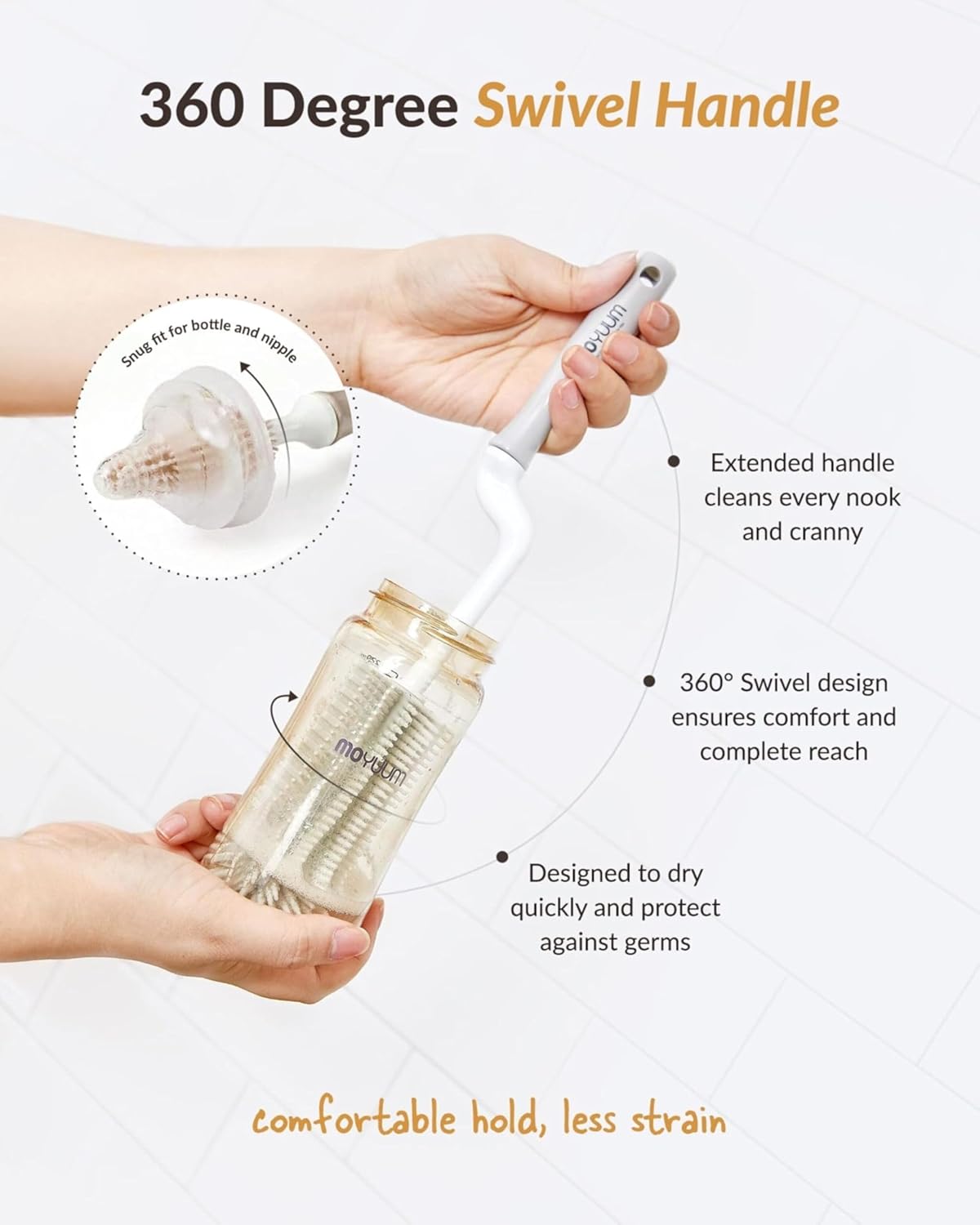 Moyuum Silicone Baby Bottle and Nipple Brush Set | Made in Korea, 360 Degree Rotating Handle, Soft Bristles, Hanging Hole for Quick Drying and Storage, Dishwasher Safe (Cool Grey)