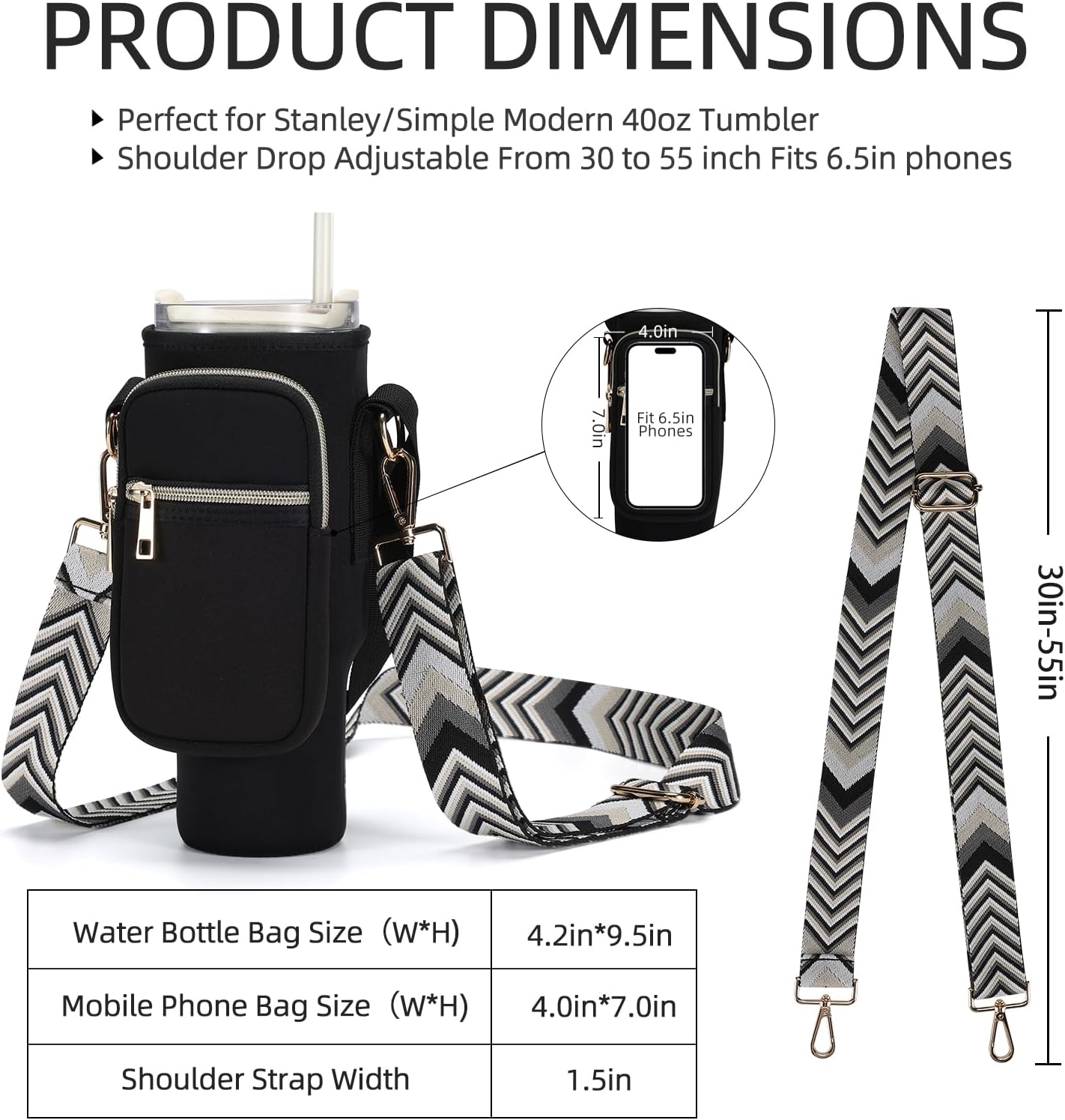 GOEWY Water Bottle Carrier Bag for Stanley 40/30 oz Tumbler with Phone Pocket Neoprene Water Bottle Holder with Shoulder & Handheld Strap Stanley Cup Accessories