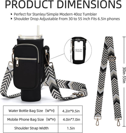 GOEWY Water Bottle Carrier Bag for Stanley 40/30 oz Tumbler with Phone Pocket Neoprene Water Bottle Holder with Shoulder & Handheld Strap Stanley Cup Accessories