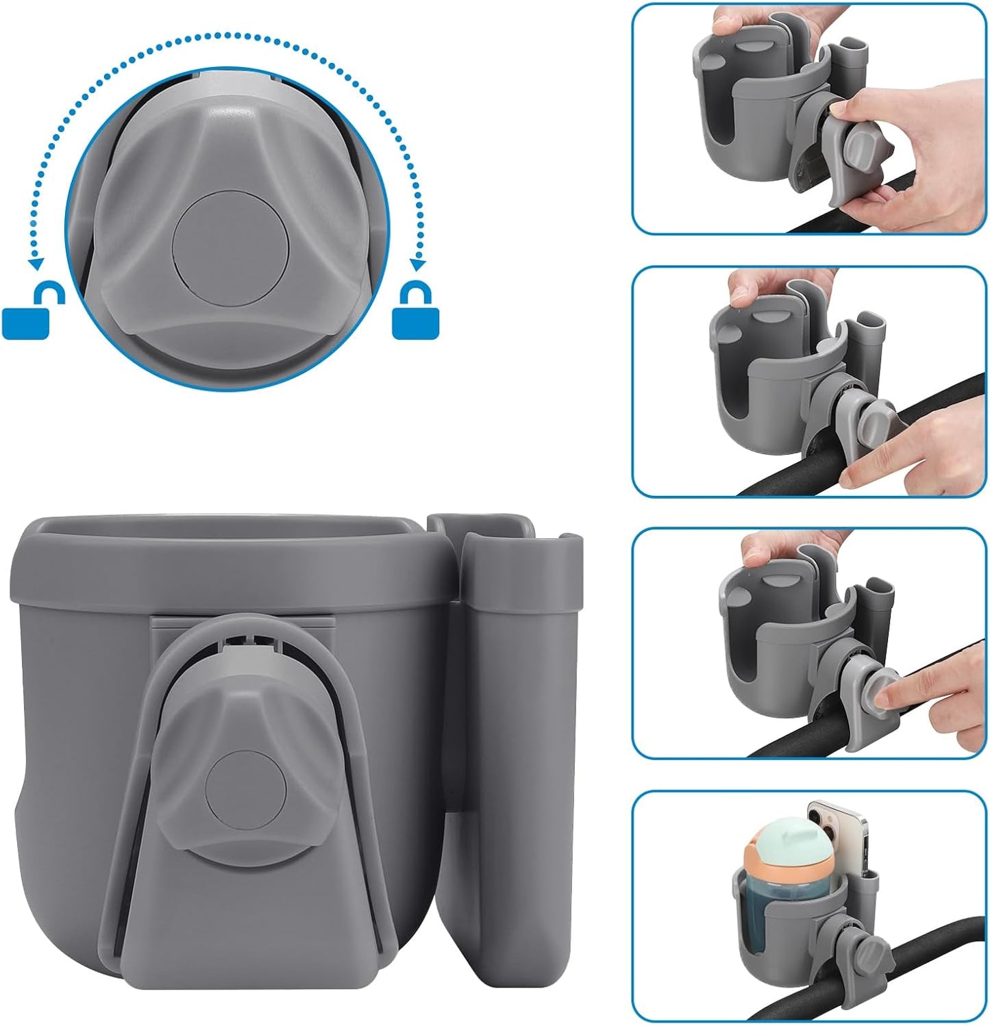 Accmor Stroller Cup Holder with Phone Holder, Bike Cup Holder, Universal Cup Holder for Uppababy Nuna Doona Strollers, 2-in-1 Cup Holder for Walker, Wheelchair, Scooter - Colors A
