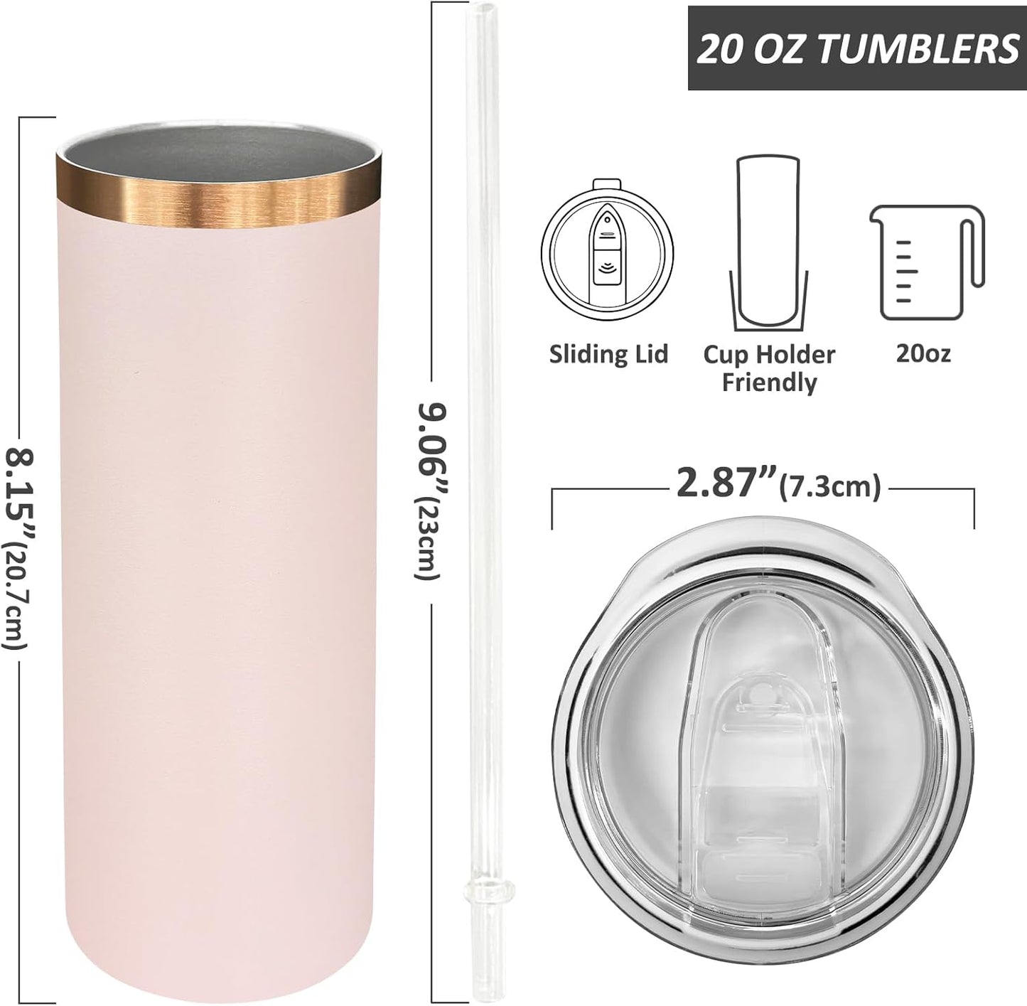 20 oz Skinny Tumblers Bulk, Stainless Steel Insulated Tumbler with Lids and Straws, Slim Double Wall Powder Coated Travel Coffee Mugs Reusable Cup for Hot Cold Drinks (Black,1 pack)