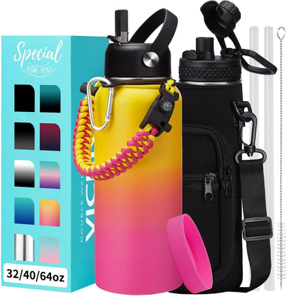32/40/64OZ Insulated Water Bottle - Keep Cold 48H Hot 24H, Combo Straw/Spout Lids, Paracord Handle for Gym/Hiking, Carrier Bag +Strap, Cup Mat, BPA-Free Stainless Steel Flask Jug
