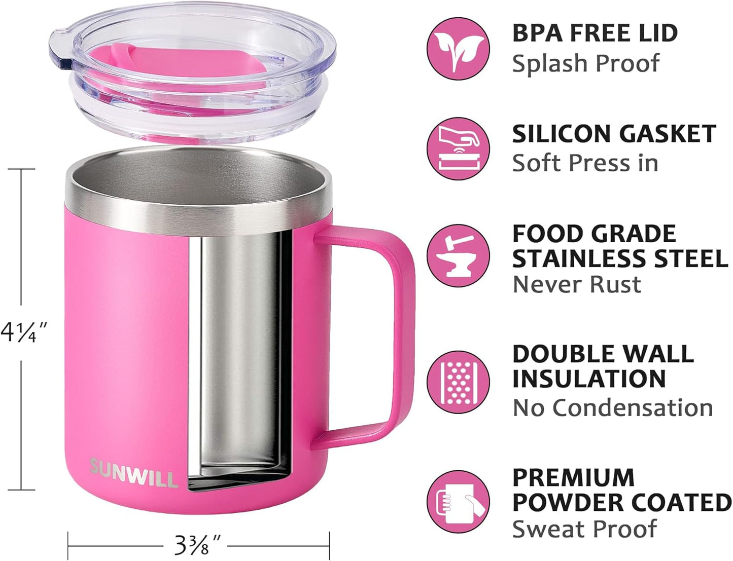 SUNWILL Travel Coffee Mug with Lid, Insulated Tumbler with Handle, 14 oz Stainless Steel Cup for Ice, Water, Tea, Rose Gold