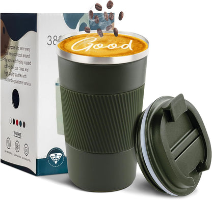 YINBAOGE Insulated Travel Coffee Mug, Spill & Leak Proof, Portable To Go Camping Stainless Steel Coffee Tumbler, Reusable Thermal Coffee Cup with Lid for Hot & Cold Drinks (Black, 12 OZ)