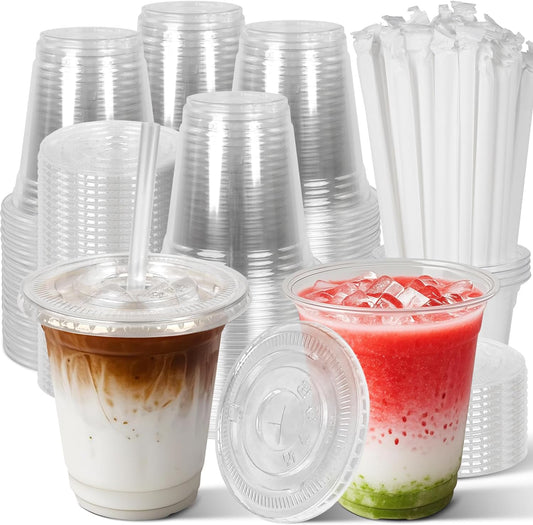 Charmount 24 oz Clear Plastic Cups with Lids and Straws, 100 Sets Disposable To Go Cups for Cold Drinks, Iced Coffee, Coffee Bar Accessories, Smoothies
