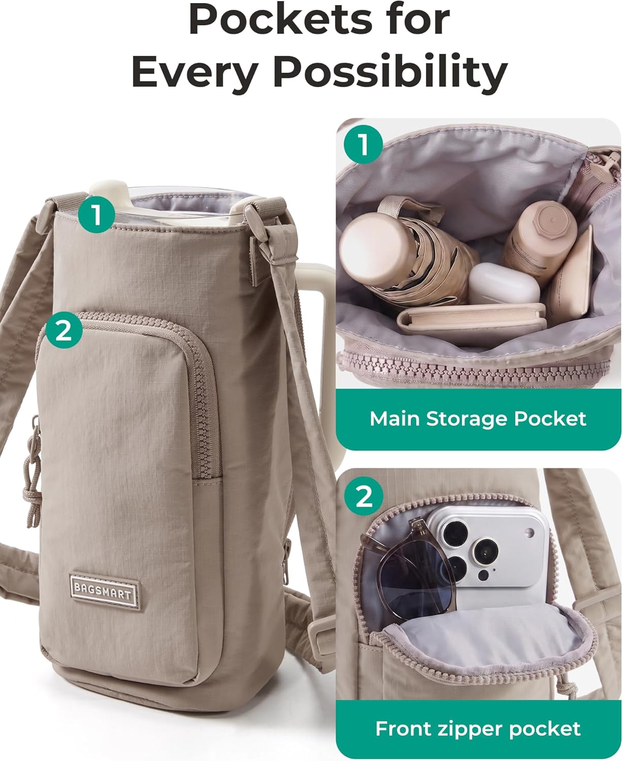 BAGSMART 40oz Magnetic Water Bottle Holder with Strap, Drink Carrier Bag Crossbody Gym Bag, Gym Accessories for Women/Men