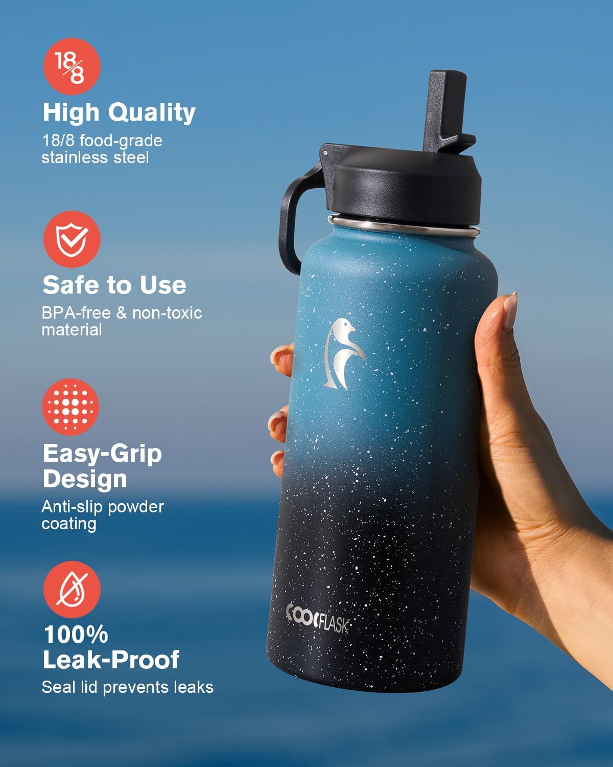 Half Gallon Water Bottle Insulated with Straw & 3 Lids, Coolflask 64 oz Water Jug Large Metal Stainless Steel Wide Mouth for Sports, Gym or Office, Non-BPA Keep Cold 48H Hot 24H, Samurai Cyan