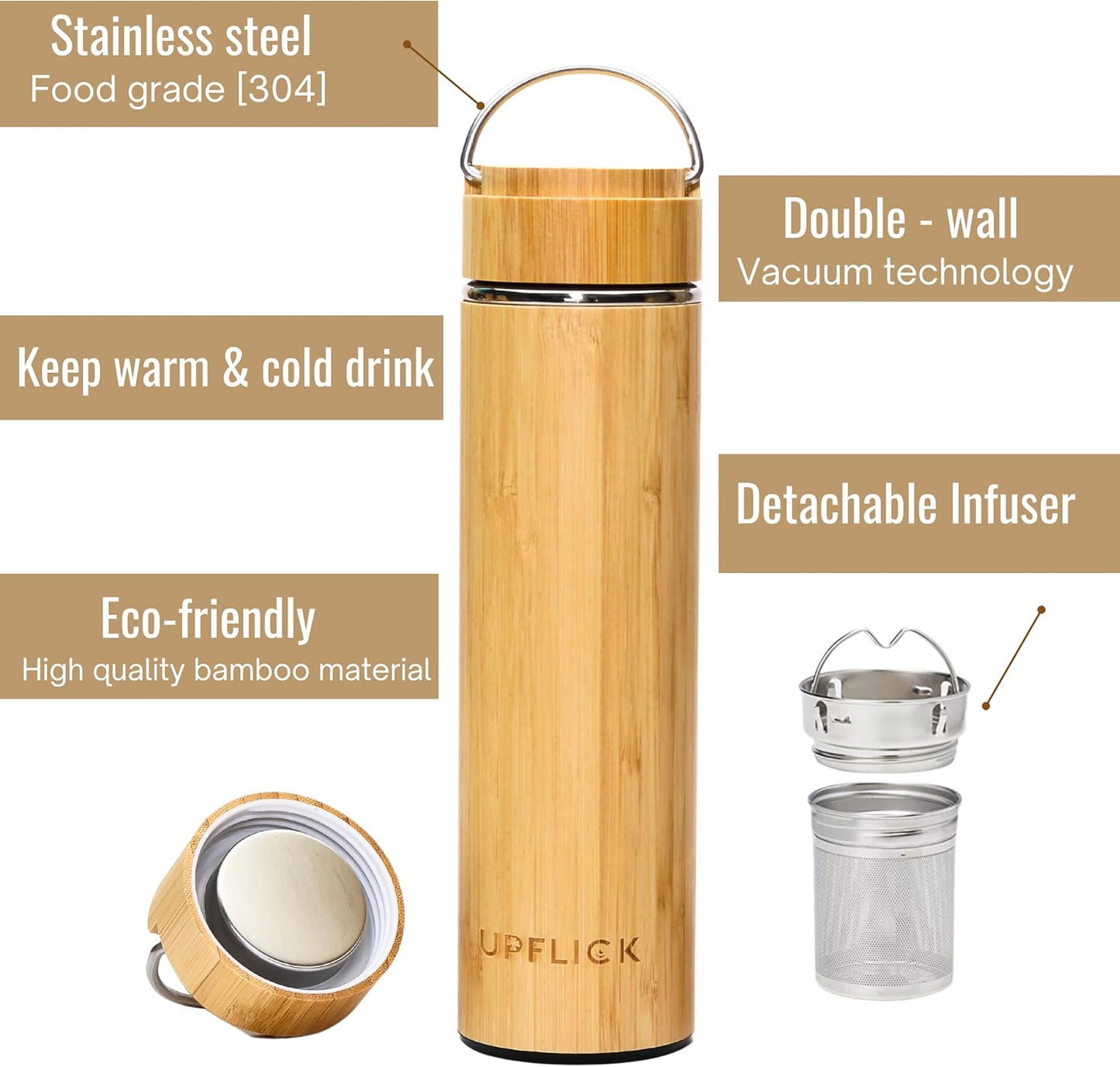 Bamboo Water Bottle Insulated Tea Tumbler for Men Birthday Gift, Women Travel Tea Set with Diffuser for Loose Tea Leaves, Stainless Steel Leak Proof Gift for Mom (15 oz)