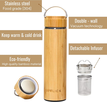 Bamboo Water Bottle Insulated Tea Tumbler for Men Birthday Gift, Women Travel Tea Set with Diffuser for Loose Tea Leaves, Stainless Steel Leak Proof Gift for Mom (15 oz)
