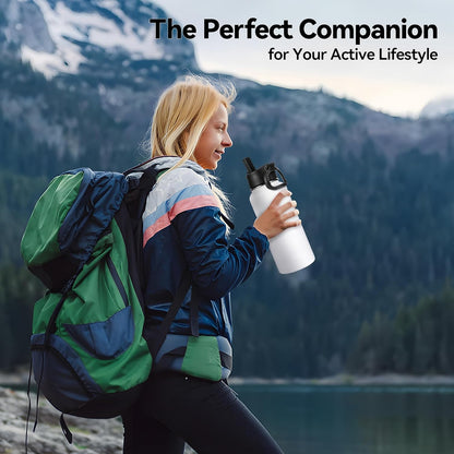 Neihepal 32 oz Insulated Water Bottle with 2 Lids (Straw & Spout Lid), 18/8 Stainless Steel Double Wall Water Bottles for Gym, Travel, Camping, Sports (Silver,1 Pack)