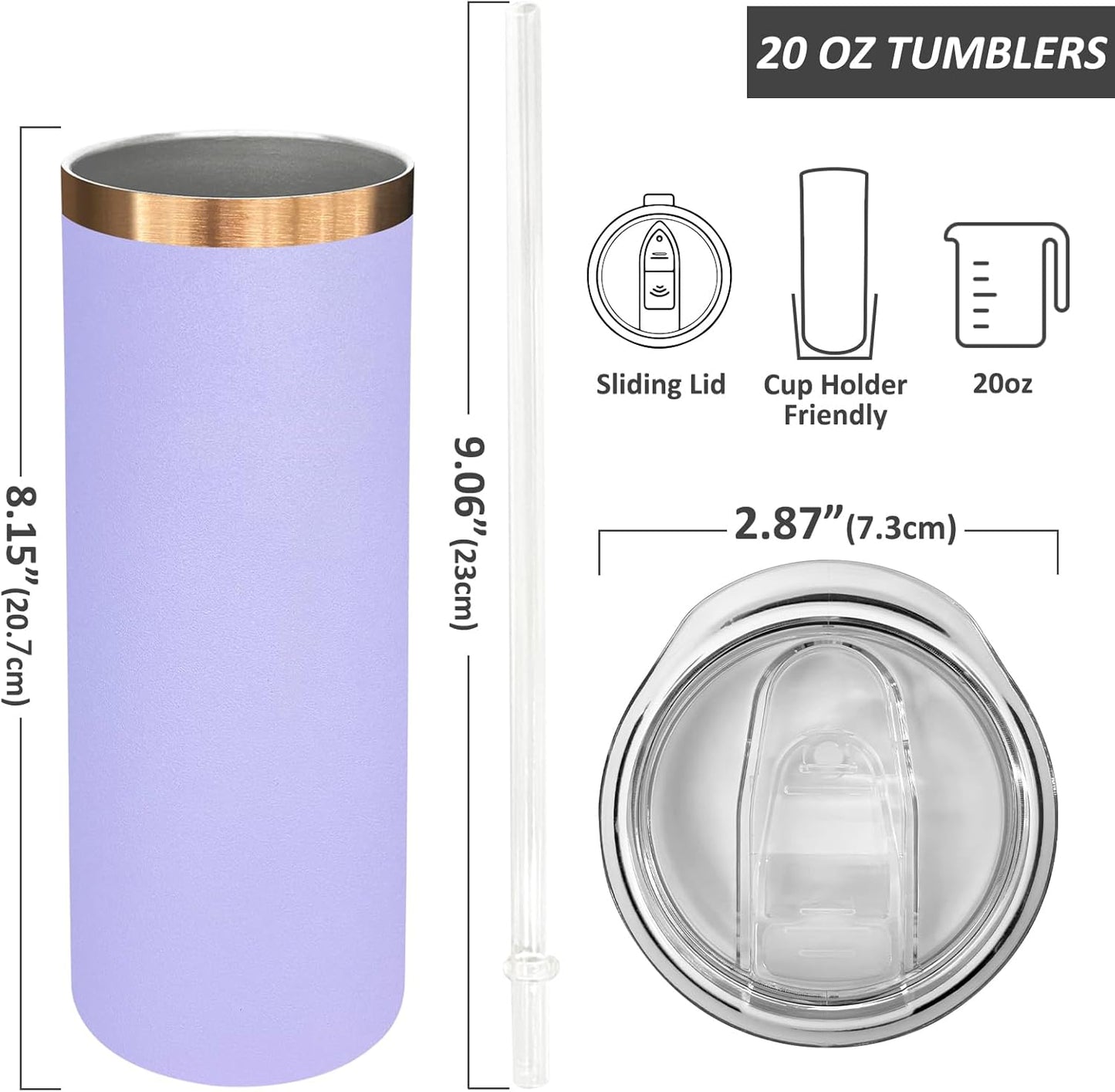 20 oz Skinny Tumblers Bulk, Stainless Steel Insulated Tumbler with Lids and Straws, Slim Double Wall Powder Coated Travel Coffee Mugs Reusable Cup for Hot Cold Drinks (Black,1 pack)