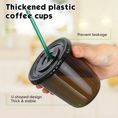 Baderke 25 Set Plastic Cups with Lids and Straws, Disposable Plastic Iced Coffee Cup for Cold Beverage Juice Smoothie Crystal for Coffee Shops Party Catering(Clear,16 oz)