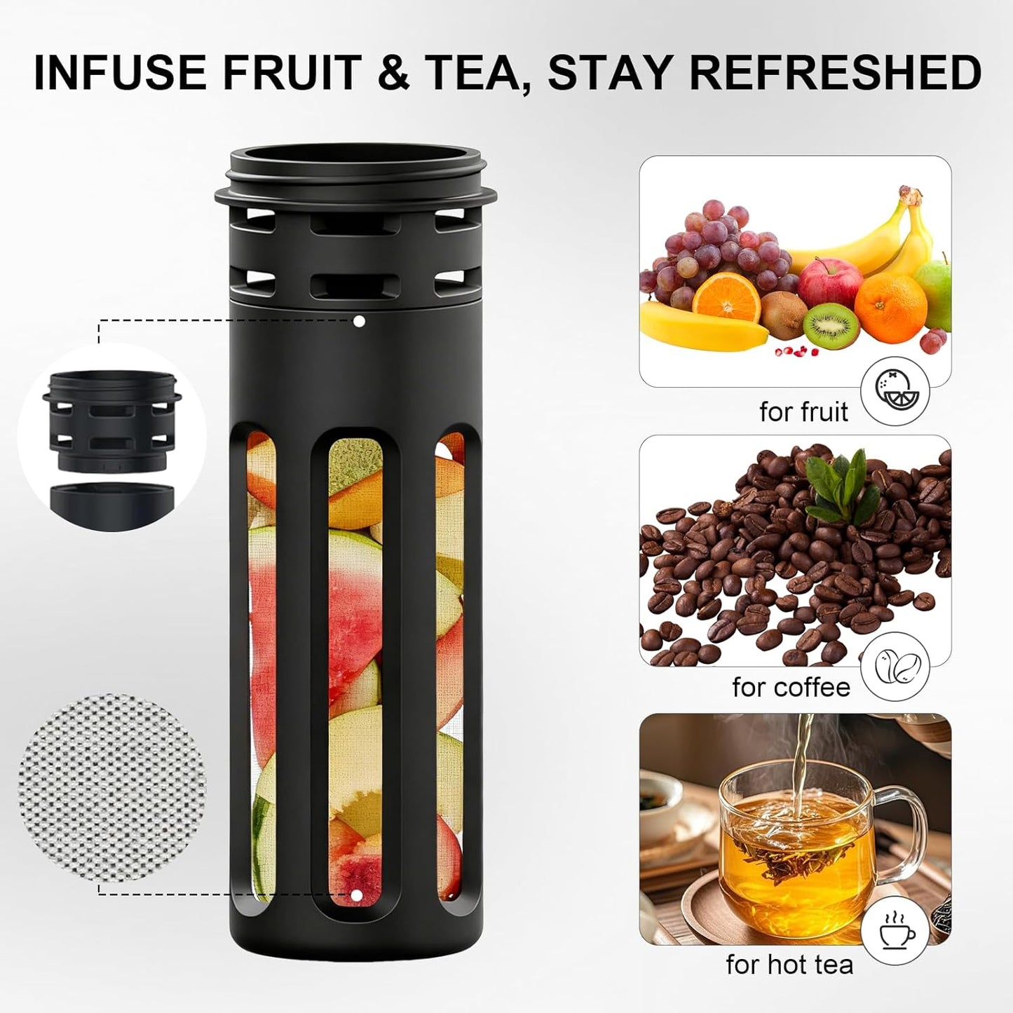 64oz Half Gallon Fruit Infuser Insulated Stainless Steel Water Bottle Jug, 48H Cold & 24H Hot, Large Capacity for Travel Hiking Mountain Climbing Black