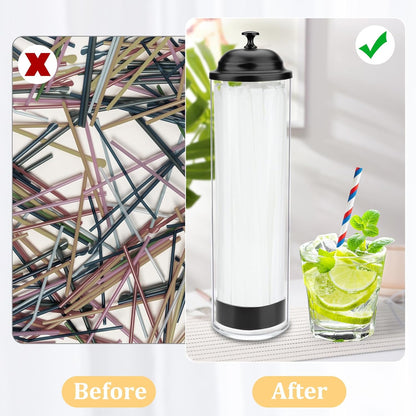 13.5 inch Straw Holder for Standard & Long Bended Size Drinking Straws, Acrylic Plastic Straw Dispenser with Lid, Black, Heavy Duty, 1 Piece