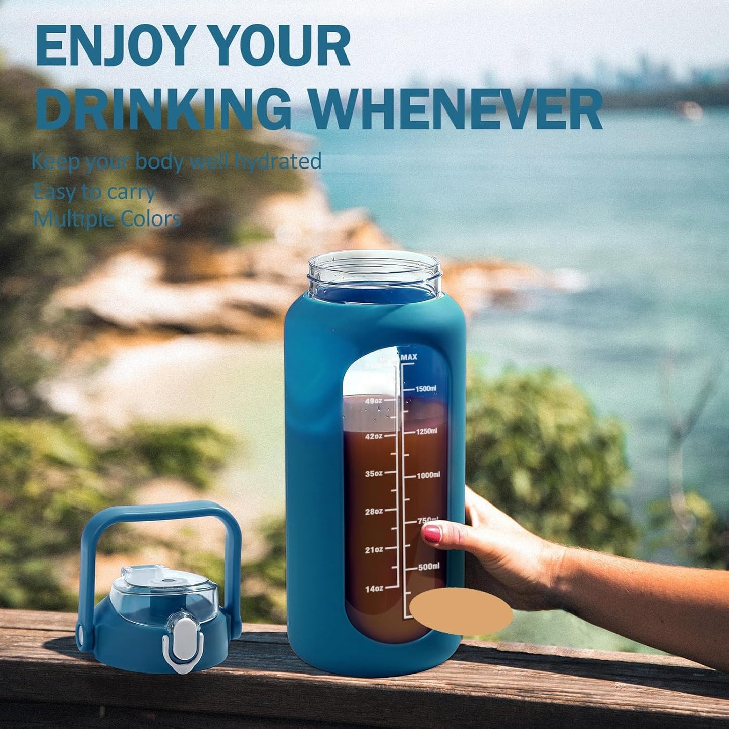 64oz Glass Water Bottles with Straw, Half Gallon Motivational Glass Bottle with Silicone Sleeve and Time Marker, 2L Leakproof Large Glass Water Jug for Gym Home Office,olive
