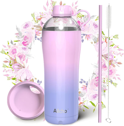Allcho Insulated Water Bottle for Women, 18oz Stainless Steel Leak Proof Tumbler with 2 Lids, BPA-Free Tritan Chug & Straw Lid, Double Wall Vacuum Flask