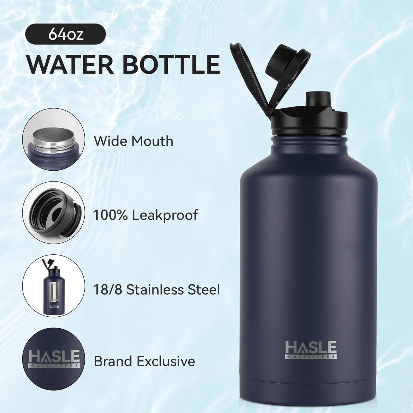 HASLE OUTFITTERS 32 oz Insulated Water Bottle Stainless Steel Double Walled Vacuum Sports Water Bottle with 2 Lids (Straw and Spout Lid) for Gym Camping Hiking(Black,1)