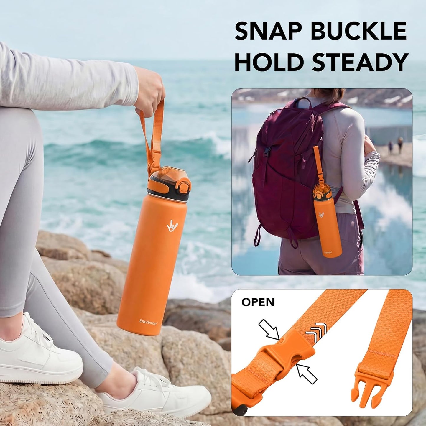 Enerbone 24 oz Insulated Water Bottle, Stainless Steel Bottle with Carrying Strap, Double-Wall Vacuum Insulation Design, Leakproof Sports Bottle with Straw, Keep Drinks Cold or Hot for Hours